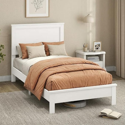 Wood Bed Frames with Headboard, Mid Century Bed Frame with Solid Wood Legs & Wooden Slat Support, Mattress Foundation Bed Base, No Box Spring Needed, (White, Twin)