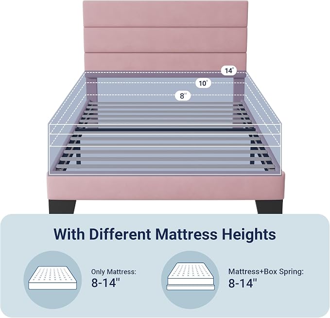 Allewie Twin Size Platform Bed Frame with Velvet Upholstered Headboard and Wooden Slats Support, Fully Upholstered Mattress Foundation/No Box Spring Needed/Easy Assembly, Pink