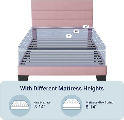 Allewie Twin Size Platform Bed Frame with Velvet Upholstered Headboard and Wooden Slats Support, Fully Upholstered Mattress Foundation/No Box Spring Needed/Easy Assembly, Pink