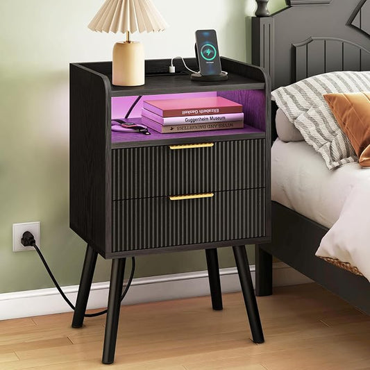 Fixwal Black Fluted Nightstand with Charging Station, LED Night Stand with 2 Wood Drawers for Bedroom, Modern Bedside Table, 15.7 x 11.8 x 25.6in