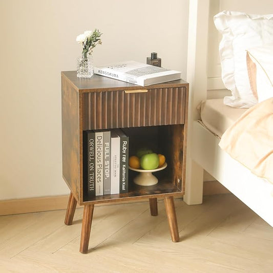 Fultyle Mid Century Modern Nightstand with Charging Station, Modern Bedside Table with Fluted Drawer and Storage Shelf, End Side Tables Living Room for Bedroom, Office (Rustic Brown)
