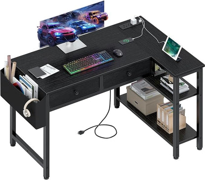DLisiting Black Corner Desk for Small Space with Drawers, Reversible Gaming L Shaped Computer Desk with Storage Shelves for Boys, Corner Work Study PC Desks for Bedroom