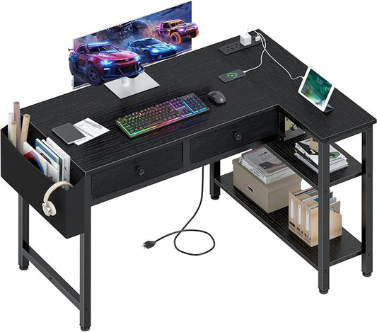 DLisiting Black Corner Desk for Small Space with Drawers, Reversible Gaming L Shaped Computer Desk with Storage Shelves for Boys, Corner Work Study PC Desks for Bedroom