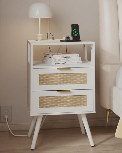 JOONEE Rattan Nightstand with Charging Station,Farmhouse Bedside Table with 2 Storage Drawer and Open Wood Shelf, for Bedroom and Small Spaces,Night Stand with Solid Wood Legs (White-Outlet)