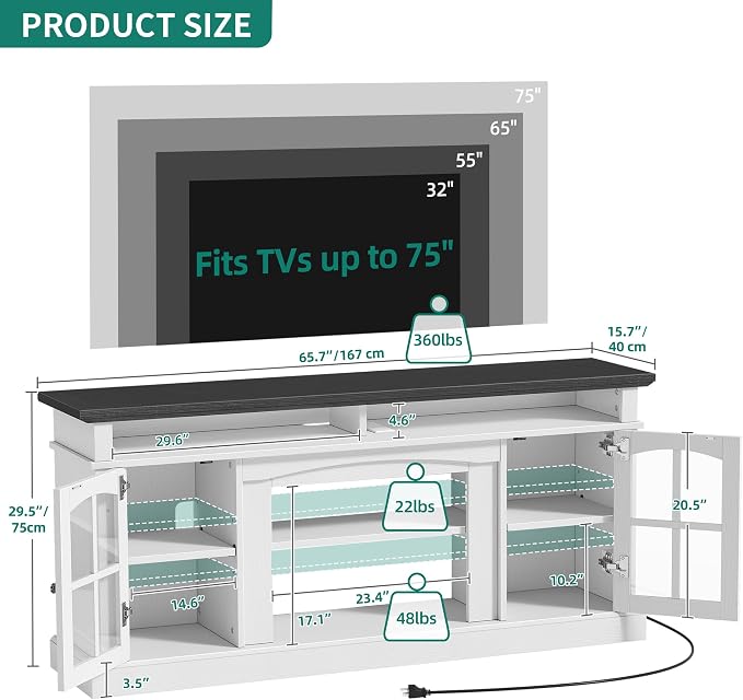 YITAHOME LED Farmhouse TV Stand for 75 Inch w/Outlets, Modern Entertainment Center with Glass Doors and Adjustable Storage Shelves, Media Console TV Cabinet for for Living Room, White/Black