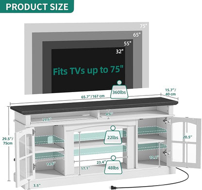 YITAHOME LED Farmhouse TV Stand for 75 Inch w/Outlets, Modern Entertainment Center with Glass Doors and Adjustable Storage Shelves, Media Console TV Cabinet for for Living Room, White/Black