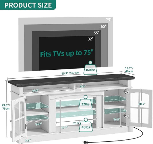 YITAHOME LED Farmhouse TV Stand for 75 Inch w/Outlets, Modern Entertainment Center with Glass Doors and Adjustable Storage Shelves, Media Console TV Cabinet for for Living Room, White/Black