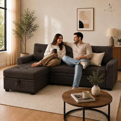 Naomi Home 84" L-Shaped Sectional Sleeper Sofa with Pull Out Bed | Sleeps guests comfortably, stores essentials in chaise & saves space, Velvet, Espresso convertible sofa bed