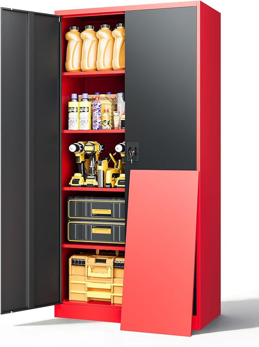 72 Inch Metal Cabinet,Lockable Storage Cabinet with 2 Doors and 4 Adjustbale Shelves,Tall Tool Cabinet Cabinet for Garage,Basement,Home Office,Gym(Red & Black)