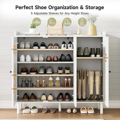 ONBRILL Shoe Cabinet with 3 Doors and Adjustable Shelves, 30 Pairs Shoe Storage Cabinet, 40 Inch Tall Farmhouse Shoe Rack Shoe Organizer Cabinet for Entryway Living Room Closet, White