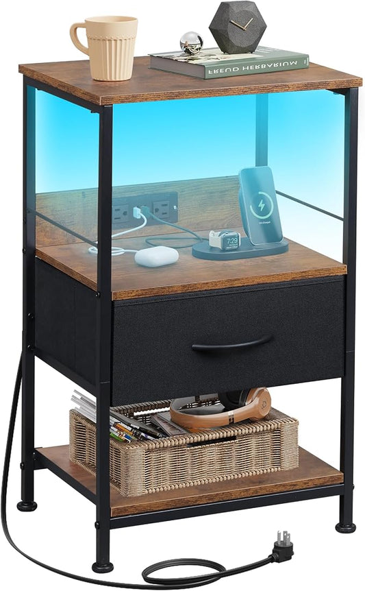WLIVE Night Stand with Charging Station, LED Nightstand with Fabric Drawer and Open Shelf, Small Bedside Table for Bedroom, Dorm, Small Space, Black and Rustic Brown