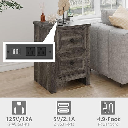 LUXOAK 5-Piece Bedroom Set, 1 X King Size Bed Frame, 2 X Nightstand Set with Charging Station, 1 X 5 Wood Drawer Dresser, 1 X Wood Rustic 6 Drawer Storage Dresser, Farmhouse Bedroom Furniture, Grey