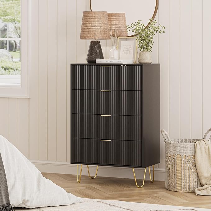 Masupu 4 Drawer Dresser, Drawer Chest, Tall Storage Chest Cabinet Organizer Unit with Metal Legs, Small Dresser for Bedroom, Living Room, Closet, Hallway Black Stripe