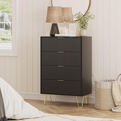 Masupu 4 Drawer Dresser, Drawer Chest, Tall Storage Chest Cabinet Organizer Unit with Metal Legs, Small Dresser for Bedroom, Living Room, Closet, Hallway Black Stripe
