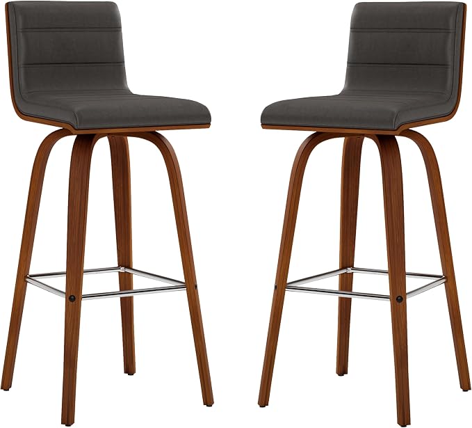 Vienna 30" Swivel Bar Stool in Walnut Wood Finish with Gray Faux Leather - Set of 2