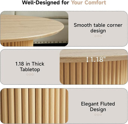 31.5" Round Coffee Table, Modern Fluted Accent Center Table with Metal Frame, Wooden Circle Coffee Tables for Living Room Small Space or Office (Natural)