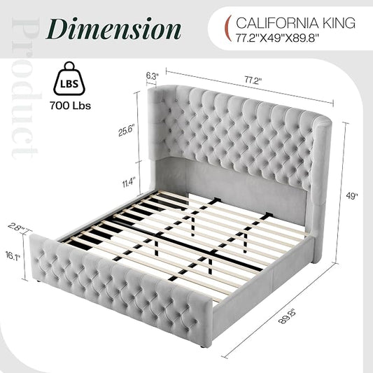 Jocisland California King Size Upholstered Bed Frame with 6.3-Inch Curved Wingback Headboard, Tufted Footboard, Wood Slats, No Box Spring Needed, Light Grey Velvet