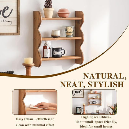 100% Solid Wood Wall Shelf 3-Tier, Rustic Floating Shelves Wall Mounted Storage Rack, Farmhouse Decor Hanging Shelf Display Shelves for Apartment, Living Room and Bedroom