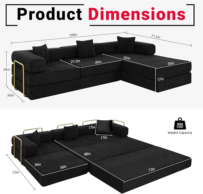 ivoros 108" Oversized Convertible Sleeper Sofa Bed, Corduroy L Shape Sectional Couch, Folding Sofa Bed with Fixed-Shape Frame, Modern Cloud Floor Mattress Couch, Modular Sofa for Living Room, Black