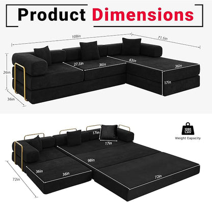 ivoros 108" Oversized Convertible Sleeper Sofa Bed, Corduroy L Shape Sectional Couch, Folding Sofa Bed with Fixed-Shape Frame, Modern Cloud Floor Mattress Couch, Modular Sofa for Living Room, Black