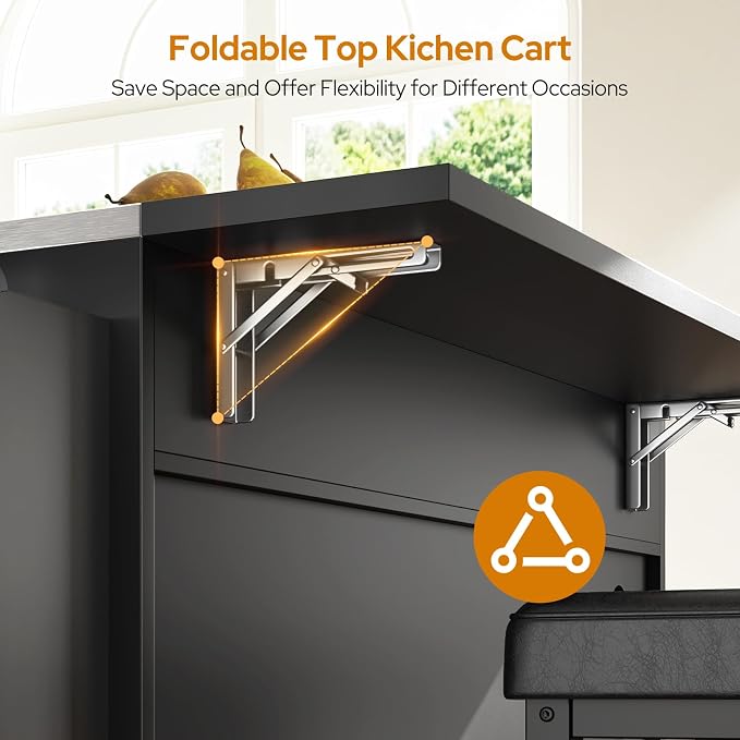 Concho 71'' Kitchen Island with Seating and Stainless Steel Countertop, Rolling Kitchen Carts on Wheels with Folding Drop Leaf, Bar Stool, Power Outlet, Spice/Towel Rack, Black