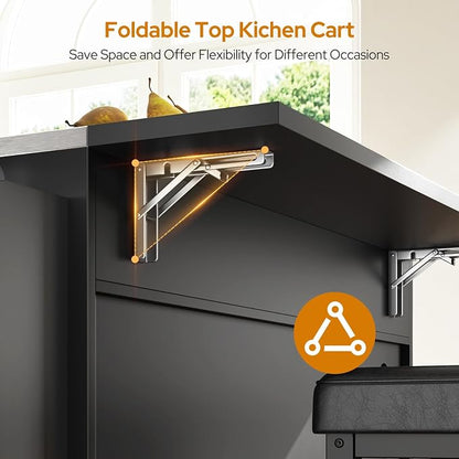 Concho 71'' Kitchen Island with Seating and Stainless Steel Countertop, Rolling Kitchen Carts on Wheels with Folding Drop Leaf, Bar Stool, Power Outlet, Spice/Towel Rack, Black