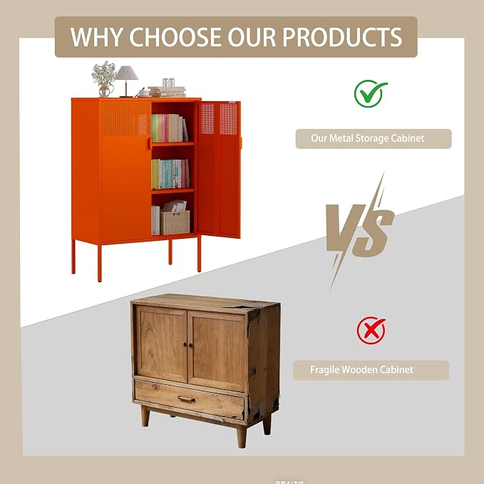47''H Orange Metal Storage Cabinet, Metal TV Stand with 2 Adjustable Shelves, 3-Tier Metal Locker with Vent Hole, Storage Cabinets for Entryway, Home Office, Music Studio, Home Office