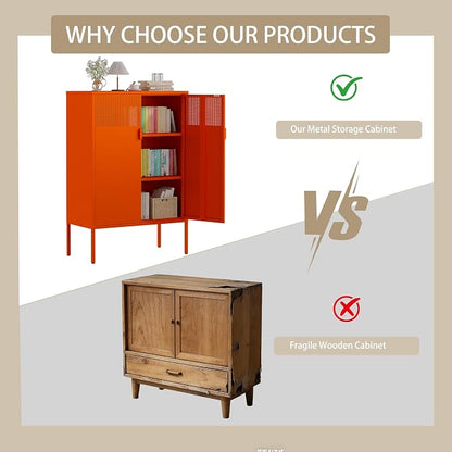 47''H Orange Metal Storage Cabinet, Metal TV Stand with 2 Adjustable Shelves, 3-Tier Metal Locker with Vent Hole, Storage Cabinets for Entryway, Home Office, Music Studio, Home Office