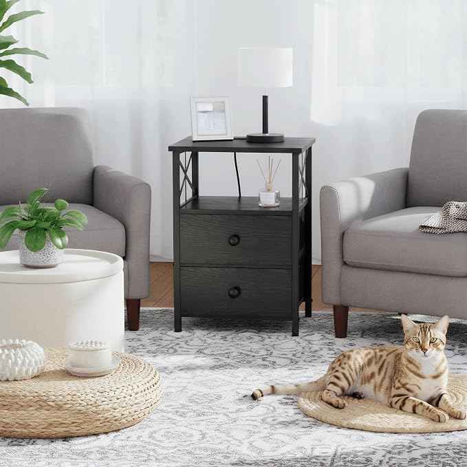 AMHANCIBLE Night Stand Set 2, Nightstand with Charging Station, Small Bedside Table with 2 Fabric Drawers, End Tables Living Room with USB C Ports for Bedroom, Black, HET05XBK