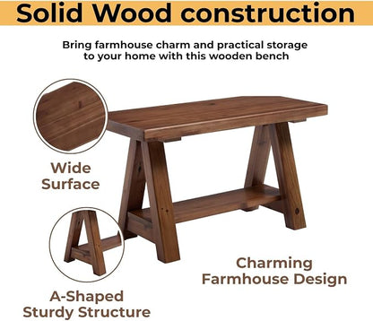 Solid Wood Entryway Bench, 30" Rustic Small Storage Bench 2-Tier Farmhouse Wooden Bench with Shelf Narrow Bench Seat Indoor for Entryway, Living Room, Dining Room, Hallway, Walnut