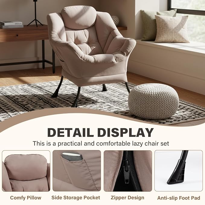Lazy Chair for Living Room, Modern Soft Reading Chair Accent Contemporary Sofa Chair with Armrests and a Side Pocket for Bedroom, Dorm & Office, Khaki