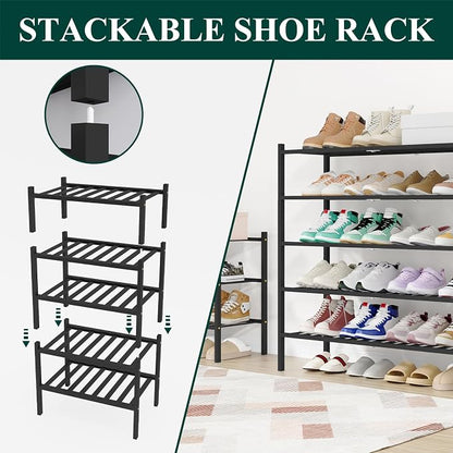 Smiry Long Bamboo Shoe Rack, 2 Tier Free Standing Wooden Shoe Organizer, Stackable Wood Shoe Storage Shelf for Closet, Entryway, 12 Vertical Slats, One-piece Standard Legs, 33.7"x11"x13", Black