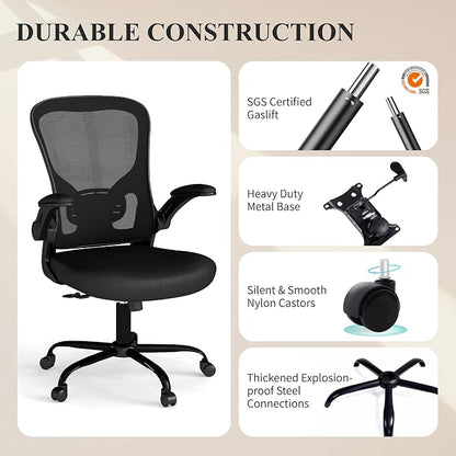 Flysky Mesh Office Chair, Ergonomic Computer Desk Chairs for Home Office - with Comfy/Comfortable Flip-up Arm Rests, Lumbar Support, Height Adjustable, 360 Degree Rolling Swivel (Black, 8 Pack)