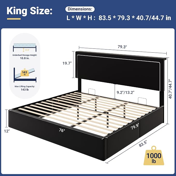 Allewie King Size Lift Up Storage Bed Frame with Charging Station & LED Lights, Adjustable Velvet Upholstered Storage Headboard, Type-C & USB Ports, Hydraulic Support, No Box Spring Needed, Black