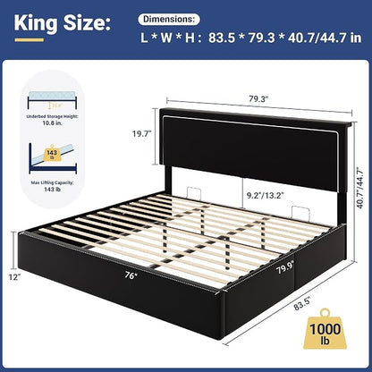 Allewie King Size Lift Up Storage Bed Frame with Charging Station & LED Lights, Adjustable Velvet Upholstered Storage Headboard, Type-C & USB Ports, Hydraulic Support, No Box Spring Needed, Black