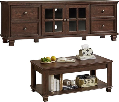 SAVOR LIFE Farmhouse Coffee Table and TV Stand Set of 2, Rustic Wood Living Room Table Set 2 with Center Table, TV Console for Living Room, Walnut
