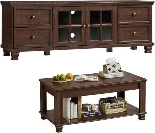 SAVOR LIFE Farmhouse Coffee Table and TV Stand Set of 2, Rustic Wood Living Room Table Set 2 with Center Table, TV Console for Living Room, Walnut