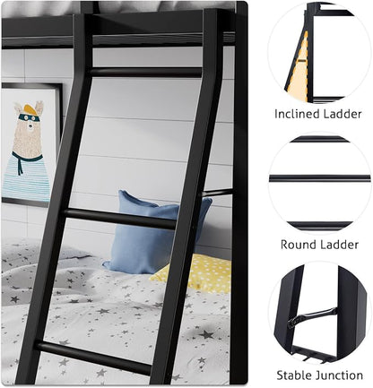 SHA CERLIN Loft Bunk Bed Twin Over Twin Size with Ladder and Guardrail,Heavy Duty Metal Slats Support No Box Spring Needed Small Space Saving Furniture for Bedroom Dorm,Black