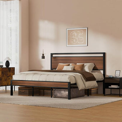Z-hom King Metal Bed Frame with Wooden Headboard and Footboard, Heavy Duty Platform Frame with Metal Slats, No Box Spring Needed, Quiet and Non-Slip Design, Space Saving Bed Frame for Bedroom,Walnut