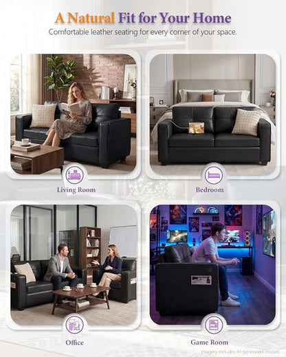 TYBOATLE 65" Faux Leather Loveseat for Living Room, Comfy Mid-Century Modern Tufted Black Loveseat w/USB Charging Ports and Wide Arms, 2 Seater Office Small Couch for Small Space Bedroom