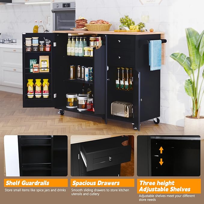 HLR Kitchen Island with Storage, Black Rolling Kitchen Island on Wheels with Drop-Leaf Bar Countertop, Island Table for Kitchen with Side Open Spice Rack and Tower Rack, Extra Storage for Kitchen