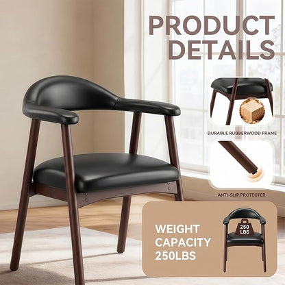 MALOL Leather Dining Chair with Armrest Set of 6, Upholstered Dining Room Chair with Curved Back and Wood Legs, Mid Century Modern Kitchen Chairs for Kitchen Dining Room,Black