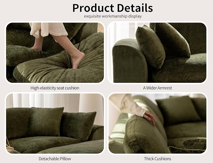 115" Modular Sectional Sofa – Modern Cloud Couch with Deep Chenille Seats,L-Shape Boneless Couch for Living Room, No Assembly, Olive Green (3 Seater + 1 Ottoman)