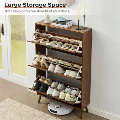 oakvivo Shoe Cabinet with 3 Flip Drawers, Freestanding Narrow Shoe Storage Cabinet for Entryway, Modern Shoe Organizer with 4 Wooden feet, Hidden Shoe Rack for Hallway Mudroom, Walnut