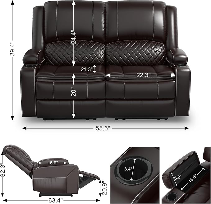 Yolsali Loveseat Recliner Sofa, Manual Wall Hugger Reclining Loveseat with Removable Armrest, 2-Tier Cushions, USB Ports & Cup Holders, RV Couch for Travel Trailers/Living Room, Brown