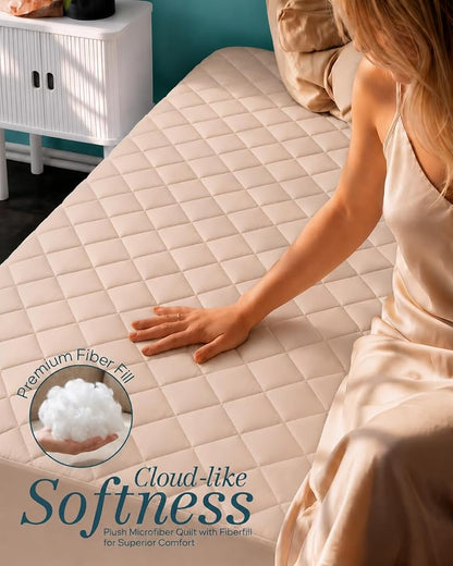 Quilted Fitted Mattress Pad, Queen Mattress Protector Topper with Deep Pocket Stretches up to 16 Inches, Machine Washable Mattress Cover by Utopia Bedding (Beige)