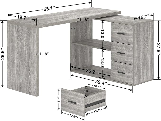 HSH L Shape Desk with Drawers, L-Shaped Desk with Storage Cabinet Shelves, Home Office Corner Computer Desk for Executive Writing, Modern Wood Study PC Table in Bedroom Living Room, Grey Oak, 55 Inch