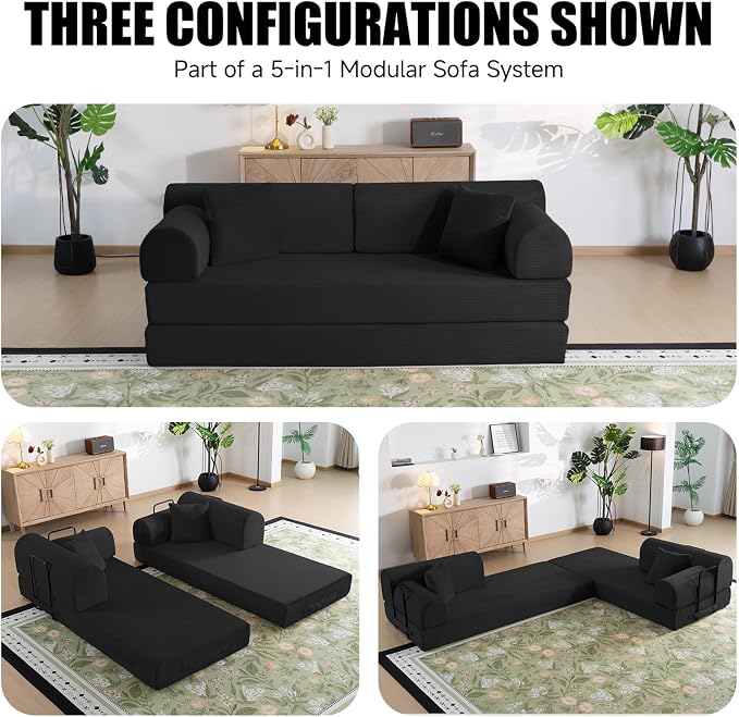 78.8" Boneless Memory Foam Couch, Corduroy Convertible Floor Sofa Bed, Fold-Out Sleeper Futon Loveseat, Wide Armrests & Supportive Back, 1200 lb, Couch in a Box, 2 Pillows, Black