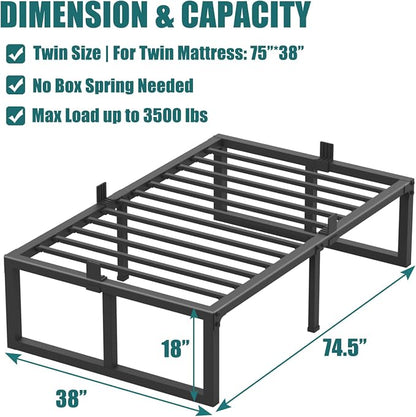 Yitong Angel Twin Bed Frame, 18 Inch High 3500 lbs Heavy Duty Metal Platform, Mattress Foundation with Steel Slat Support/No Box Spring Needed/Noise Free/Non-Slip/Easy Assembly