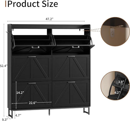 Shoe Cabinet with 6 Flip Drawers, Freestanding Hidden Shoe Storage Organizer for Entryway, Narrow Slim Shoe Rack Cabinet with Open Storage & Hooks for Front Door Entrance, Living Room, Hallway, Black